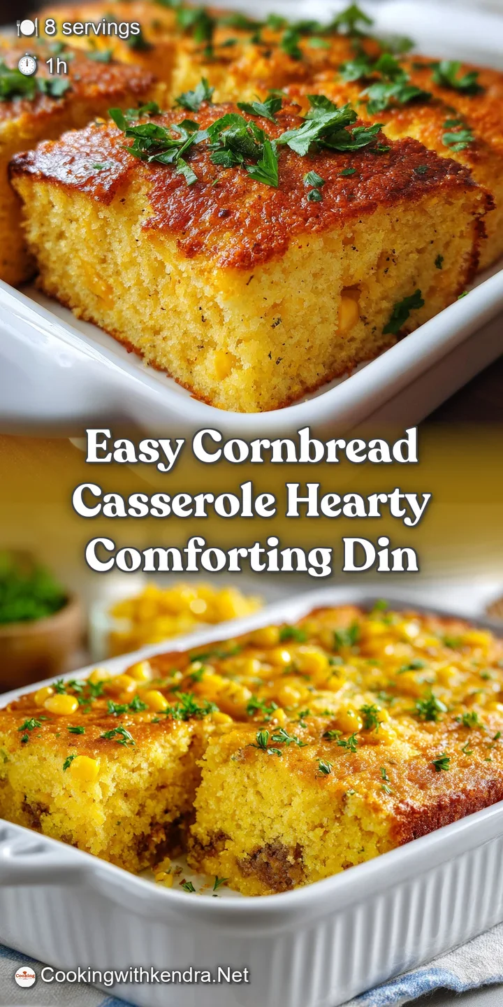 Close-up view of the moist, golden cornbread casserole; bubbly cheese melts into the crumbly top, hinting at a savory comf...