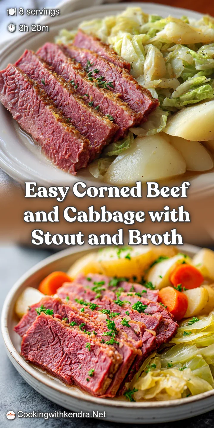 Close-up of glistening, tender corned beef with braised cabbage. Hints of savory stout sauce coat the hearty dish.