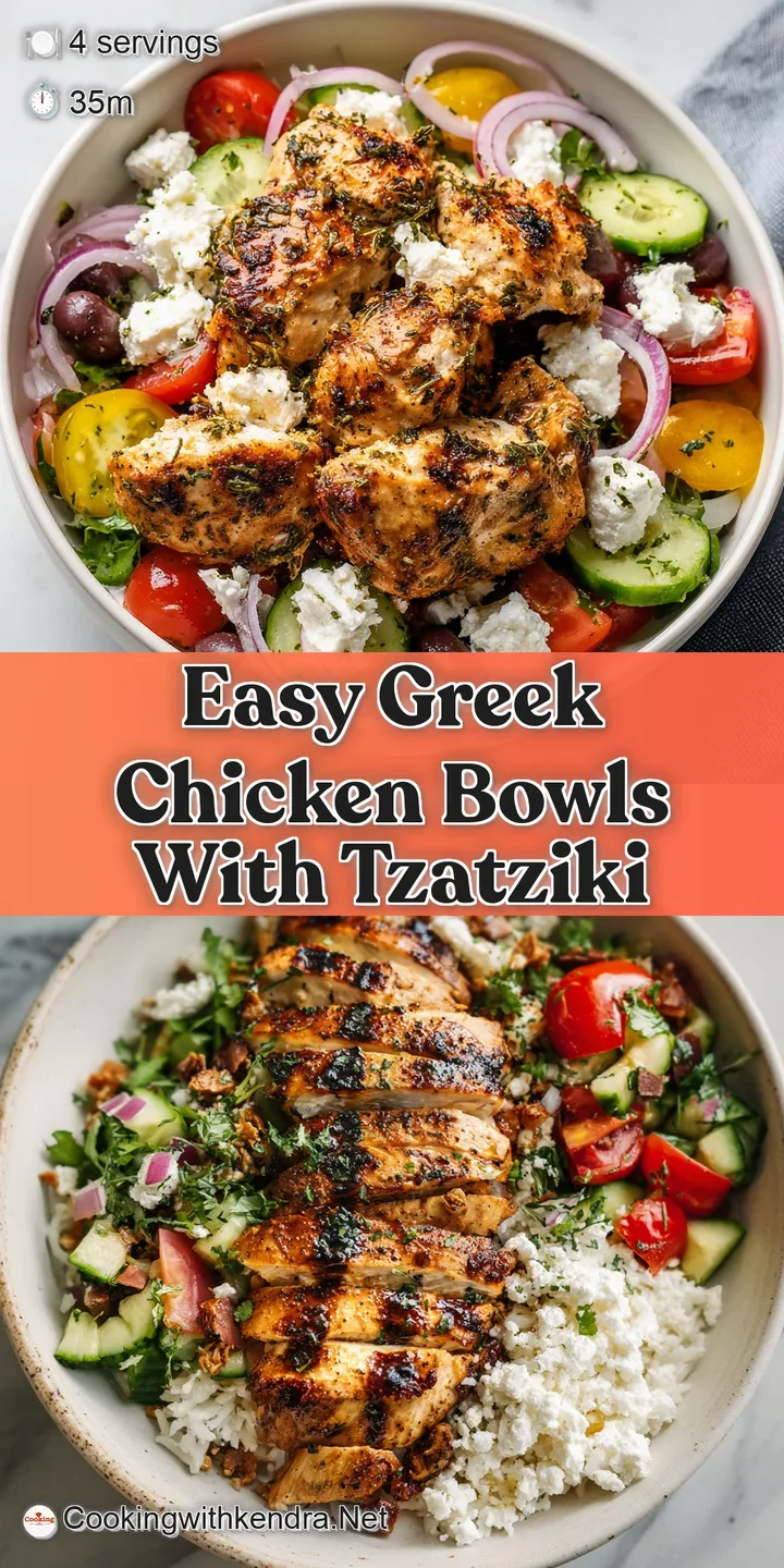 Close-up of tender, seasoned chicken in a Greek bowl, drizzled with creamy tzatziki sauce, showing fresh herbs and crisp v...