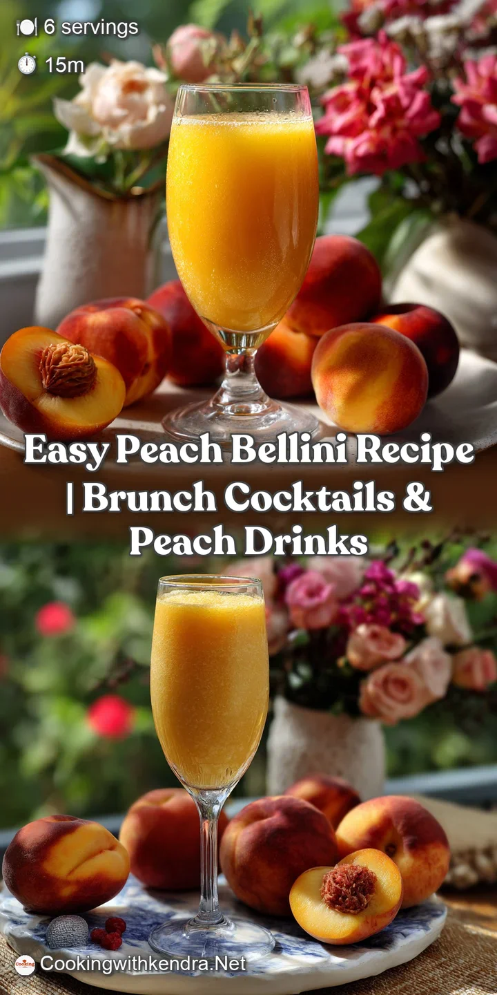 Chilled champagne flute, filled with vibrant peach-colored puree, topped with a frothy, bubbly texture, and fresh peach sl...