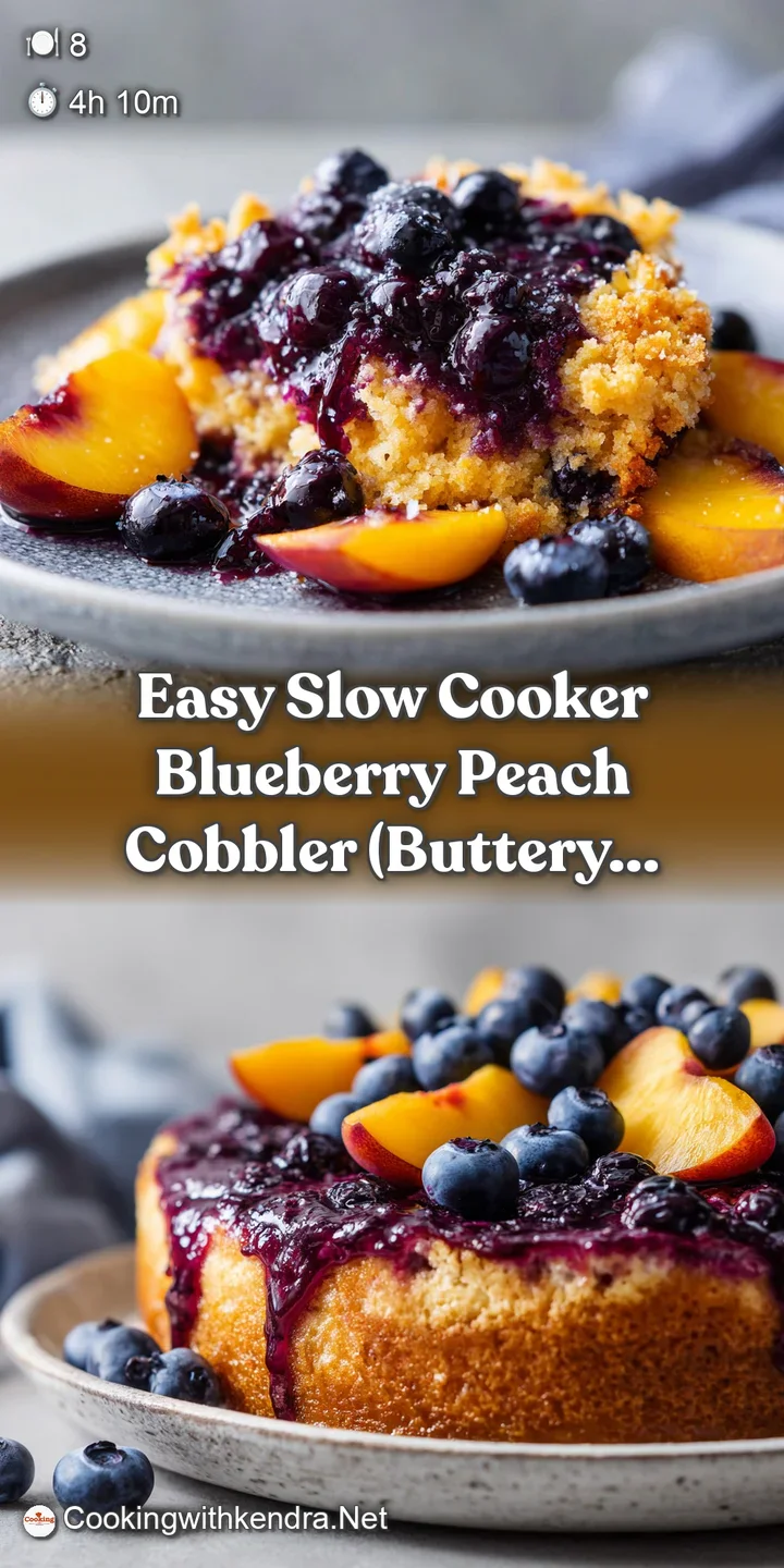 Extreme close-up of juicy purple blueberries and sliced peaches under a craggy, toasted cinnamon-sugar crust.