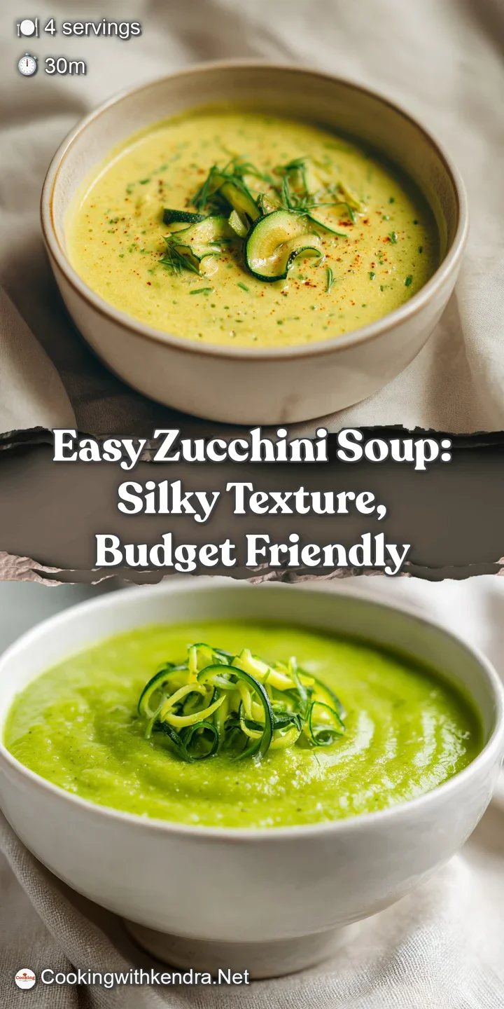 Close-up of smooth, bright green zucchini soup highlighting the glossy texture, fresh herbs, and shimmering olive oil drop...