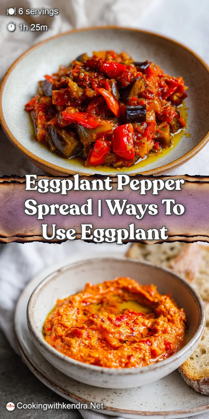 Close-up of a textured roasted vegetable dip with deep red swirls, olive oil glisten, and tiny green herb flecks.