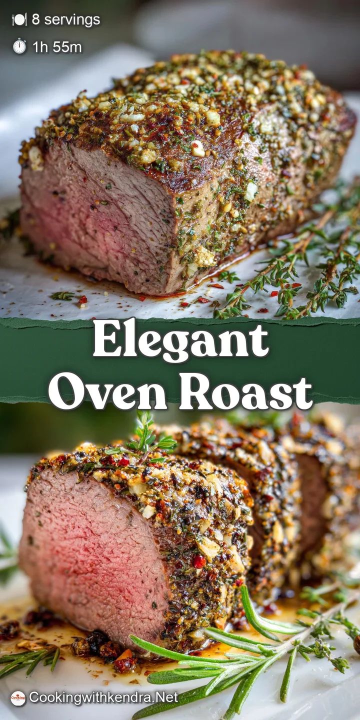 Close-up of juicy beef tenderloin with speckled herbs and glistening garlic. Perfectly browned crust. An inviting, flavorf...
