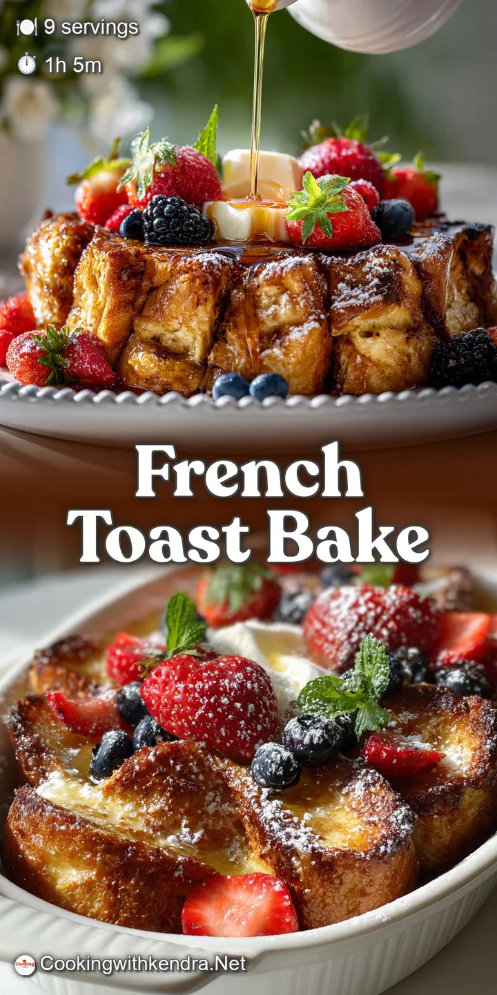 Close-up of a French toast bake reveals golden, caramelized crust and soft, eggy interior. Berries add a pop of color.