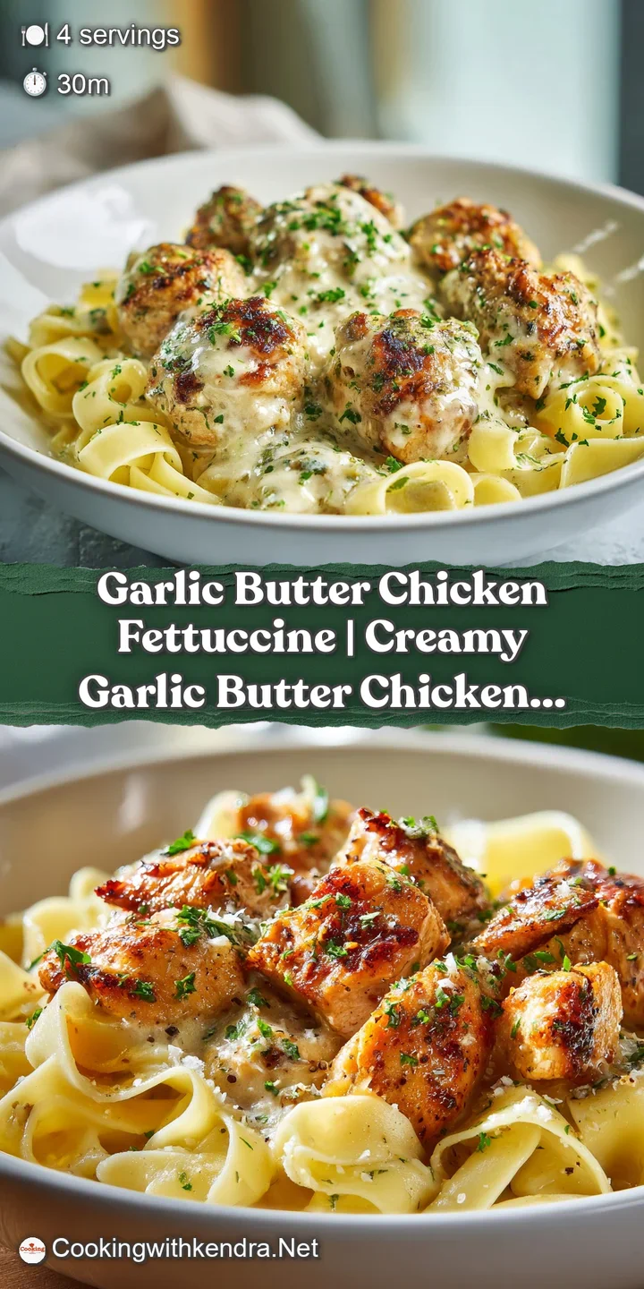 Close-up of fork-tender chicken and al dente fettuccine bathed in a luxurious, golden garlic butter sauce.