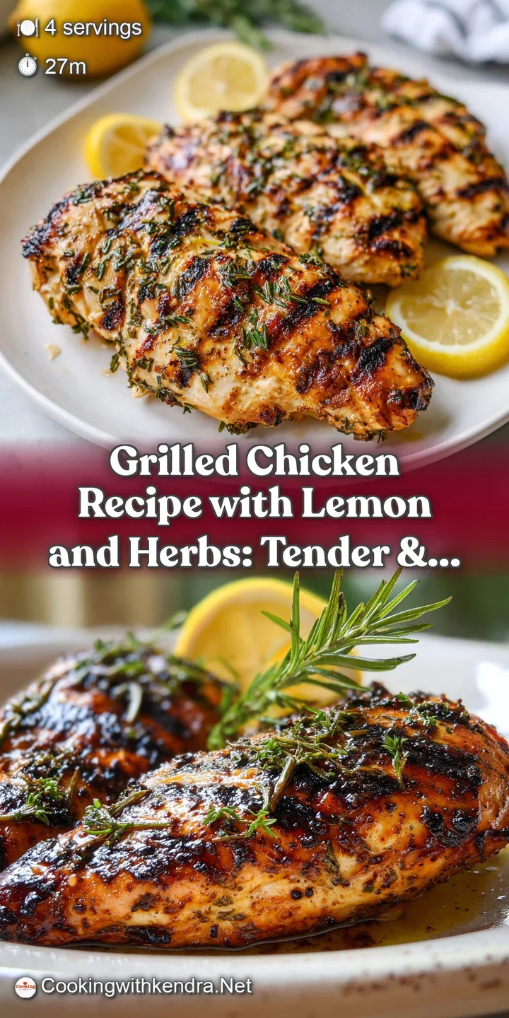 Close-up shows juicy, tender grilled chicken with a glistening lemon-herb marinade, inviting char marks and fragrant herbs.
