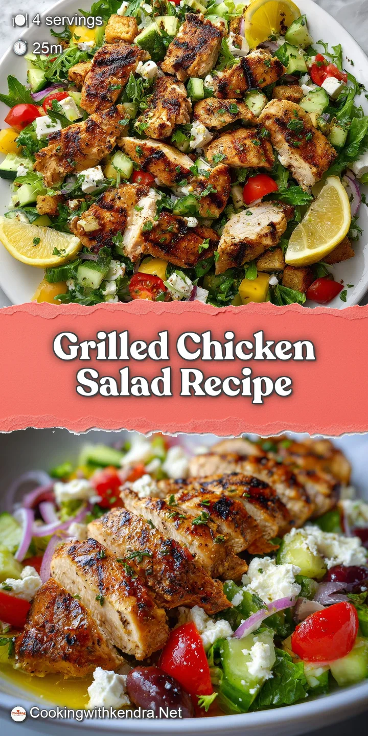 Close-up of grilled chicken salad. Charred chicken glistens, surrounded by fresh greens & juicy tomatoes, showcasing textu...