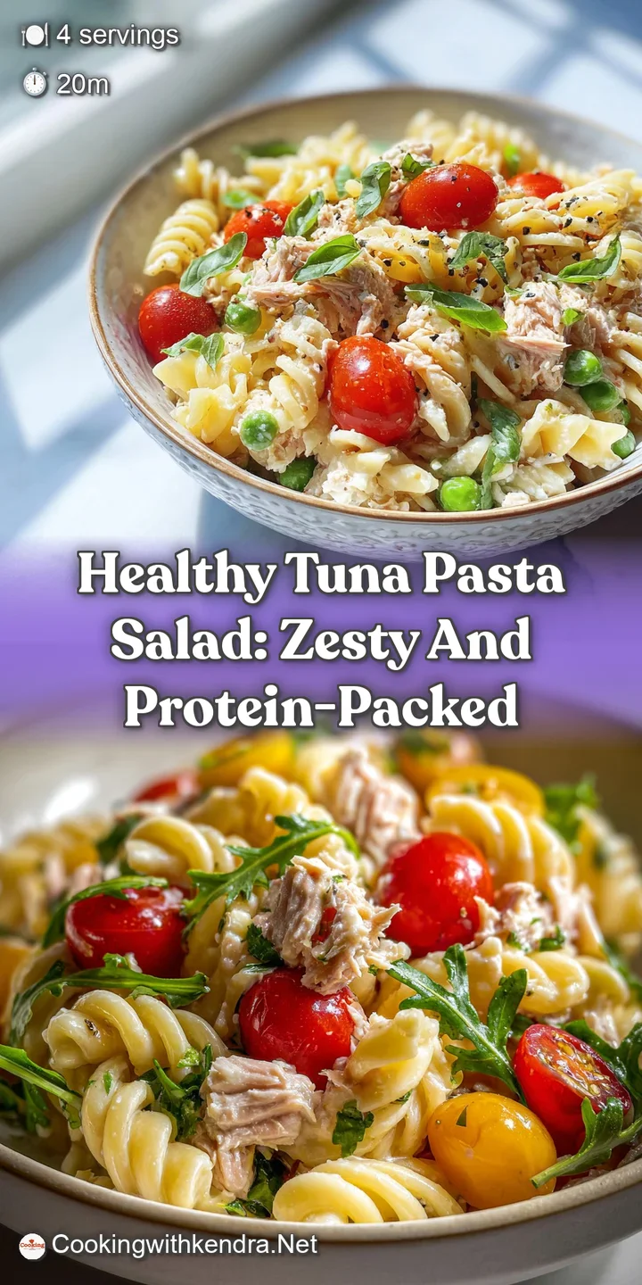 Close-up: Tuna pasta salad. Creamy sauce coats tender pasta and flaky tuna, punctuated by bright pops of color from fresh ...