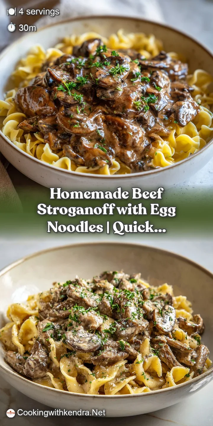 Close-up of savory beef stroganoff; a rich, glossy sauce coats the beef and noodles with flavorful bits of herbs.