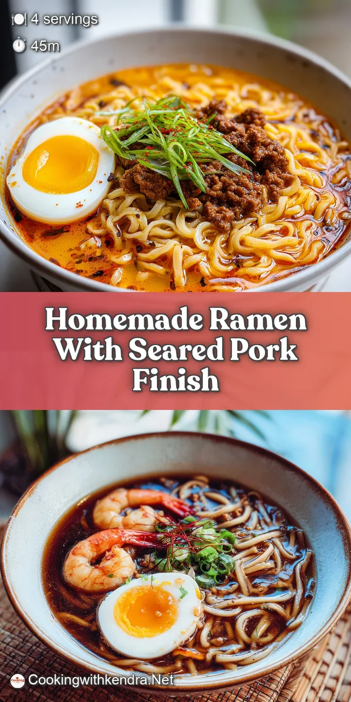 Close-up of steaming ramen, showcasing the rich, opaque broth coating the noodles and toppings with a glossy sheen.