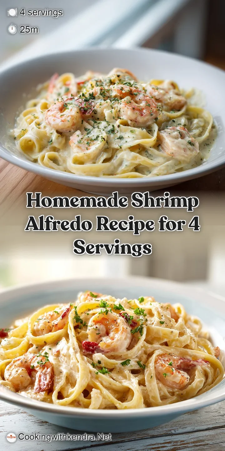 Close-up of glistening shrimp nestled in a rich, creamy Alfredo sauce, coating perfectly cooked fettuccine noodles.