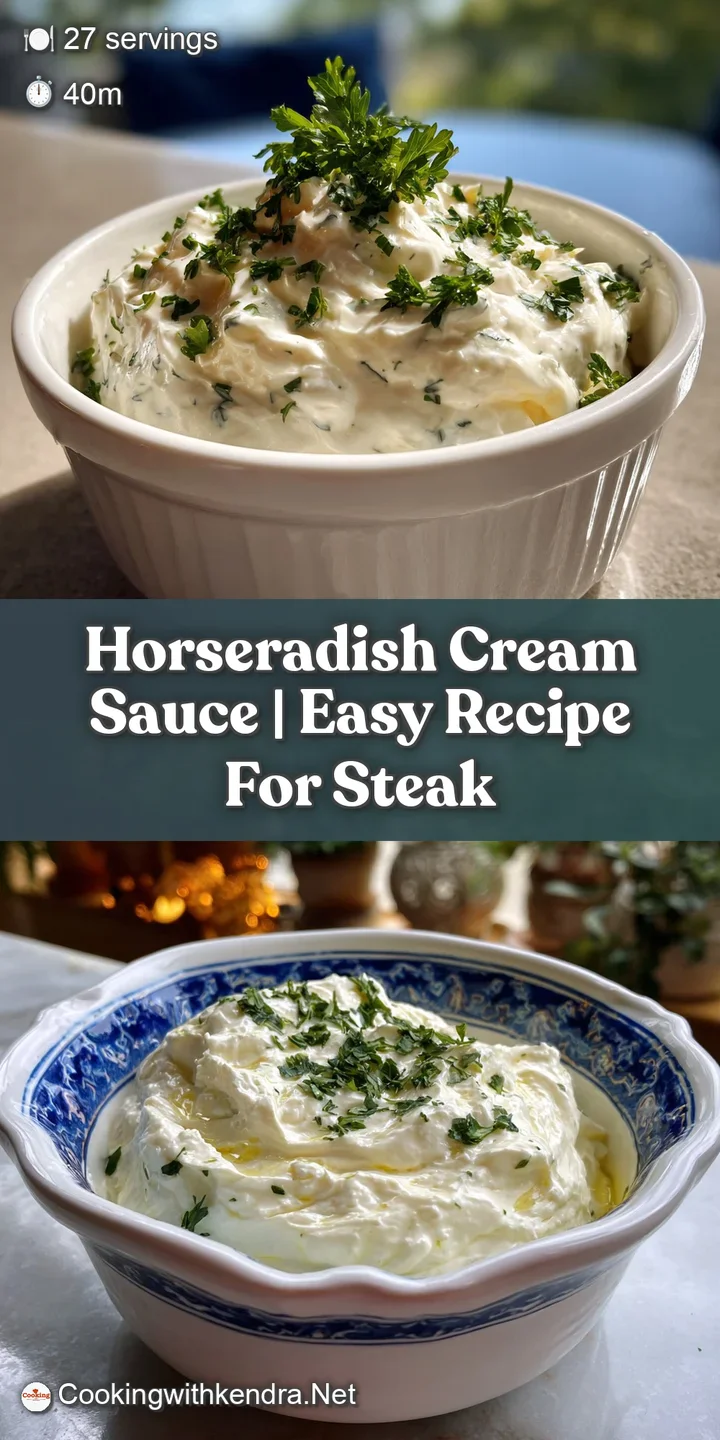 Close-up of fluffy horseradish cream sauce; light and airy, punctuated with bits of green herbs and visible texture of fre...