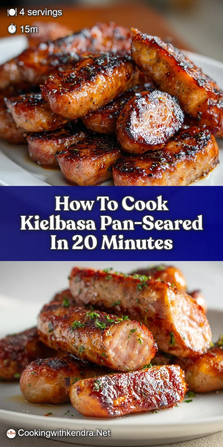 Close-up of pan-seared kielbasa, showcasing its crisp, dark-brown exterior, juicy interior texture and visible spices.
