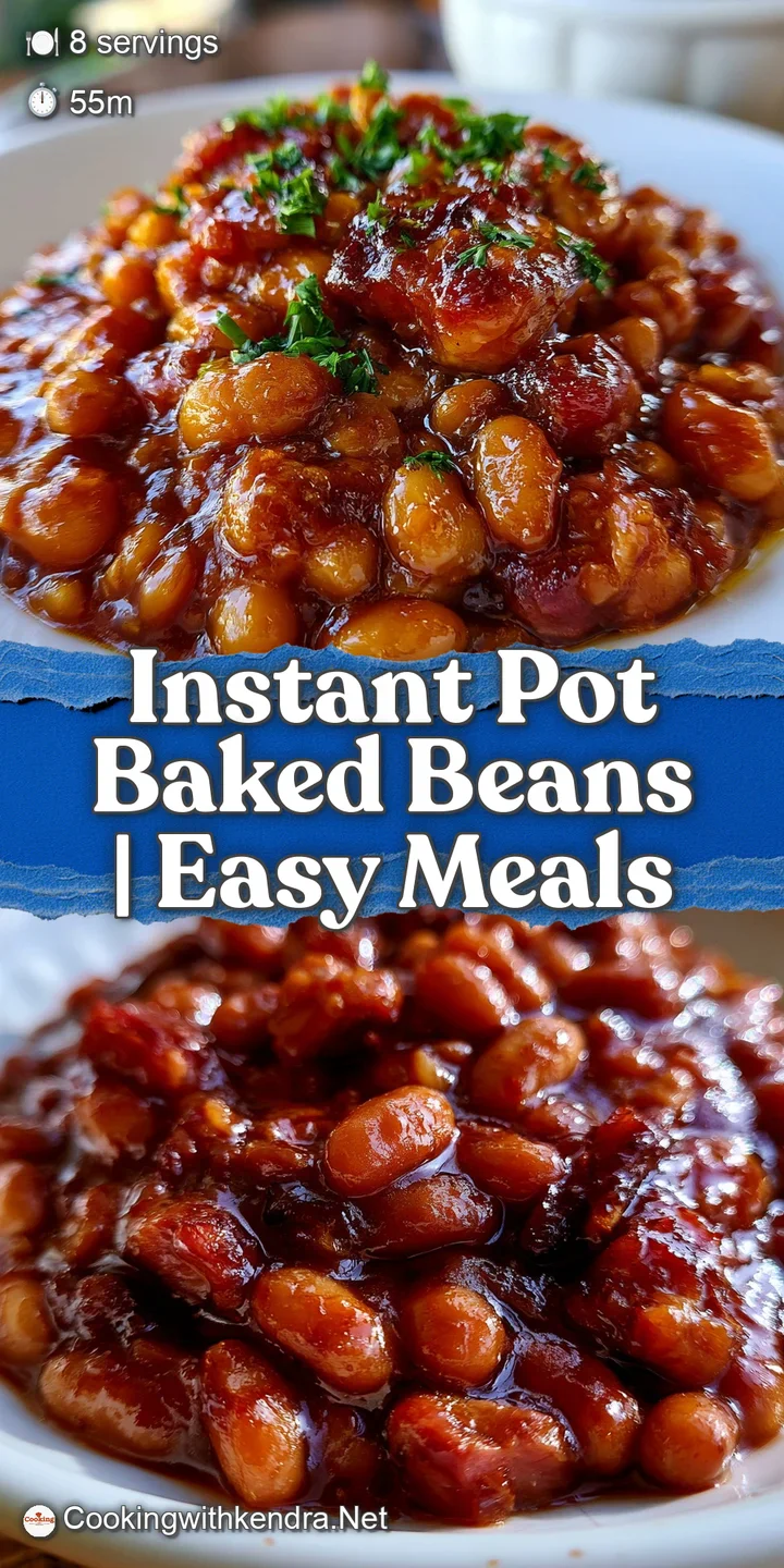 Close-up of glossy, slow-cooked beans and savory ham chunks coated in a thick, sweet and smoky reddish-brown glaze.