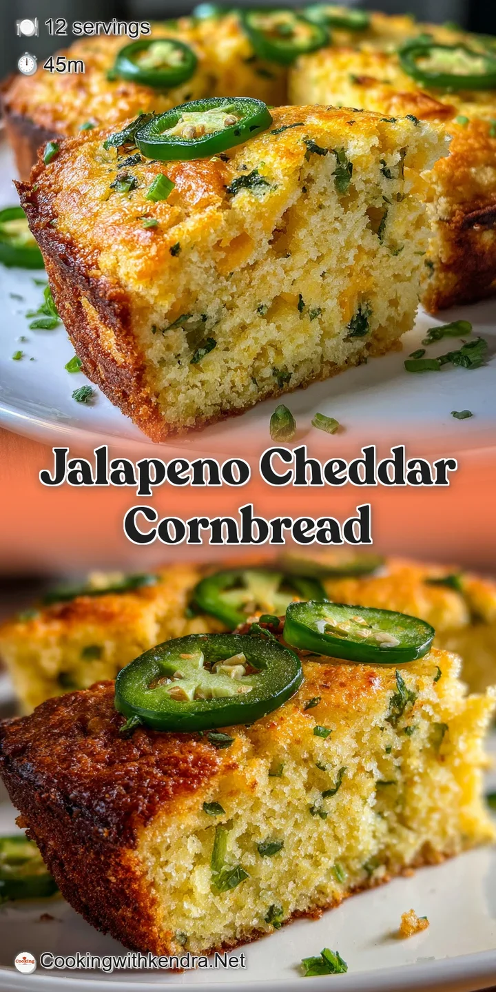 Close-up of moist jalapeno cheddar cornbread, showing flecks of peppers and gooey, melted cheese. Crusty edges tempt the t...