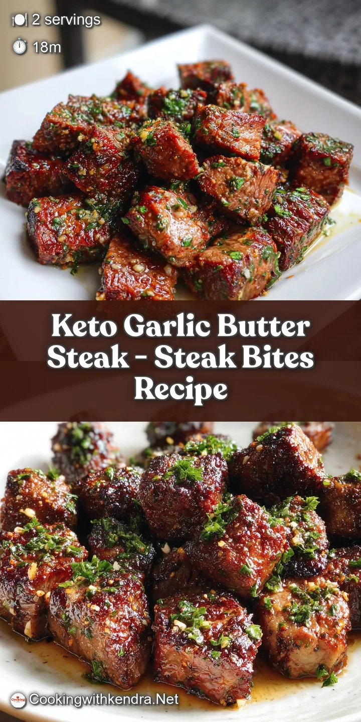 Close-up of a browned steak, the surface shimmering with melted garlic butter and flecks of fresh herbs. Delicious!