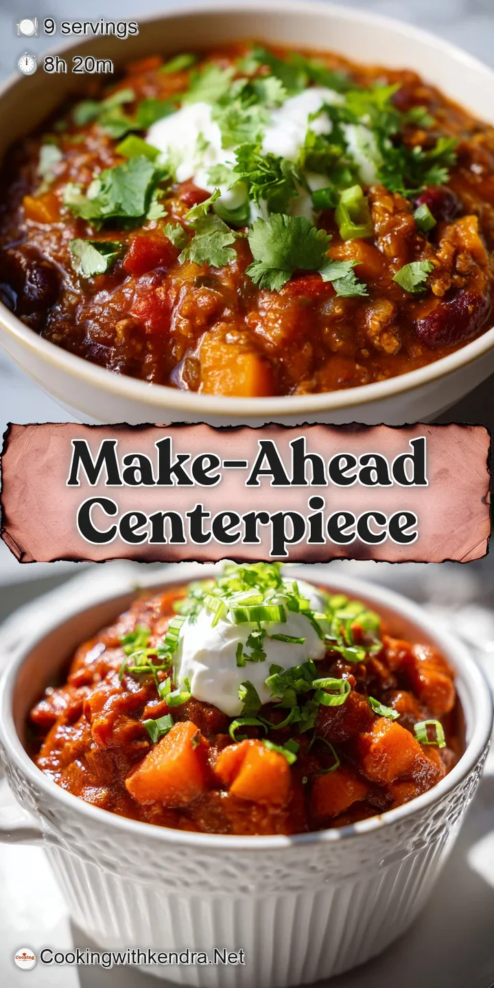 Close-up of rich, orange pumpkin chili showcasing chunks of tender meat and vibrant spices on the surface.
