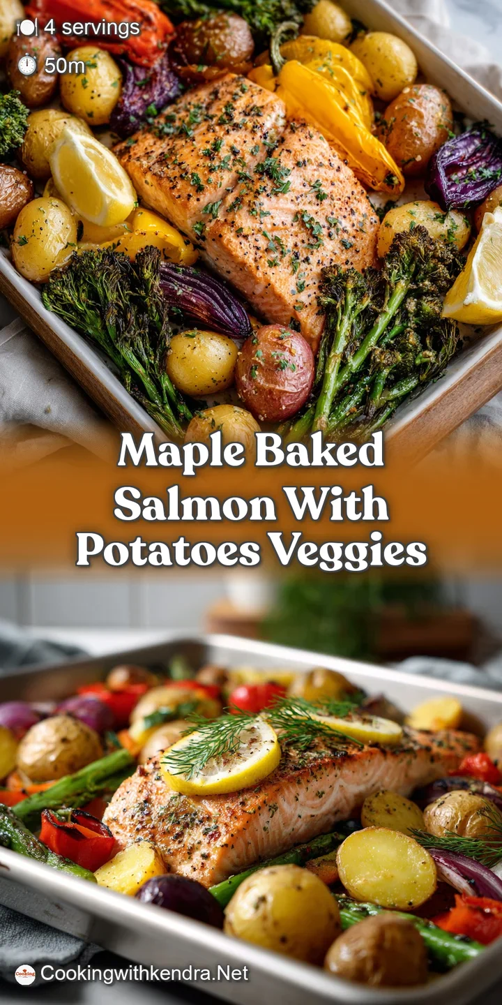 Close-up of tender, flaky baked salmon, its maple glaze catching the light, nestled among crisp-edged potatoes and vibrant...