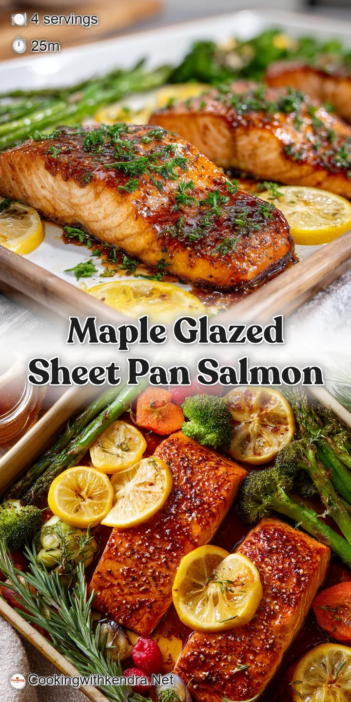 Close-up shows the flaky texture of baked salmon with glistening maple glaze. Broccoli florets add a pop of vibrant green.