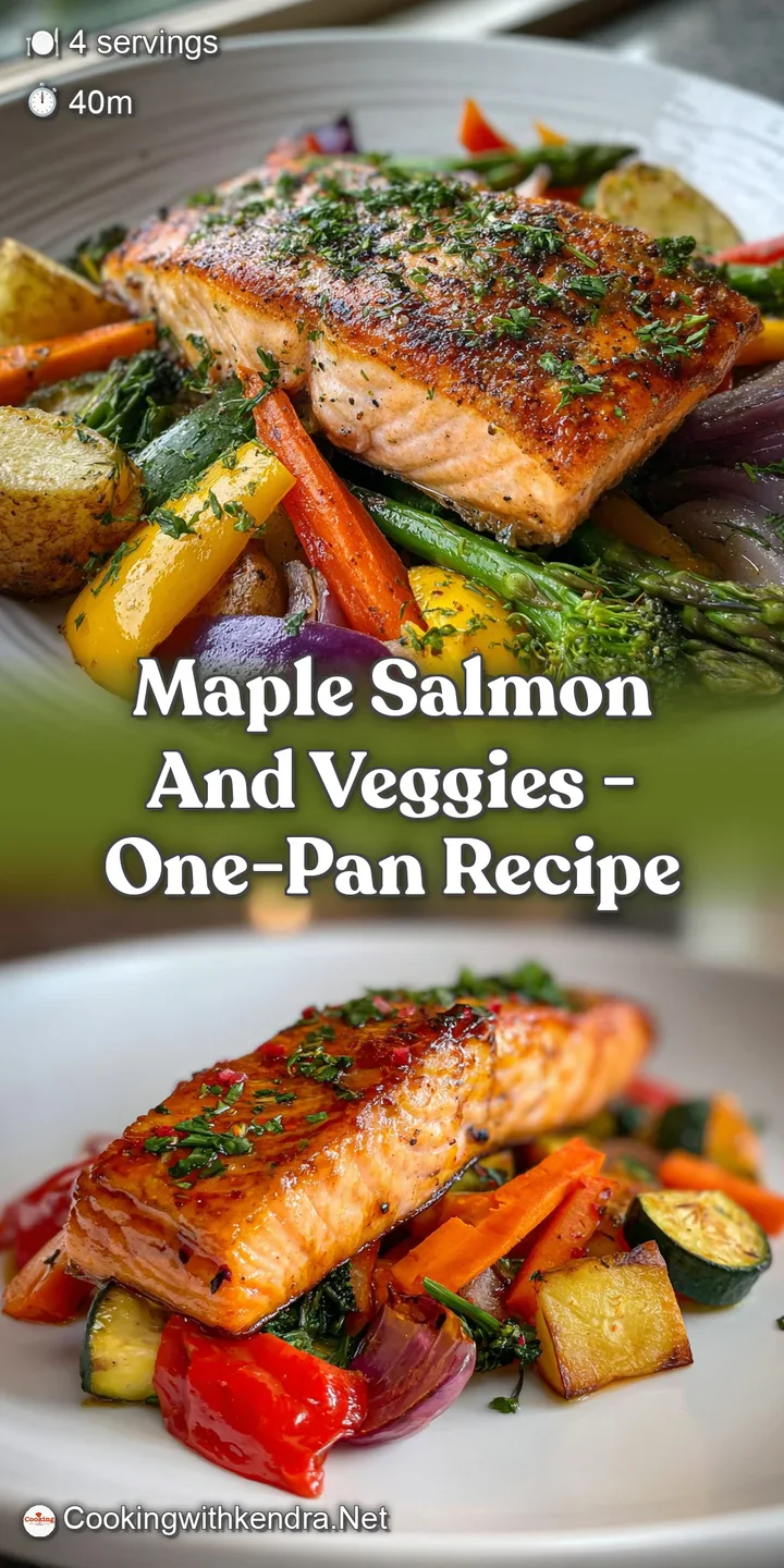 Close-up shows glossy, maple-glazed salmon with a flaky texture, complemented by the rustic edges of roasted veggies.