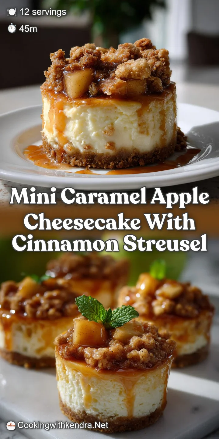 Close-up of a mini cheesecake, showcasing the creamy filling, caramel drizzle, and the textured cinnamon streusel topping;...