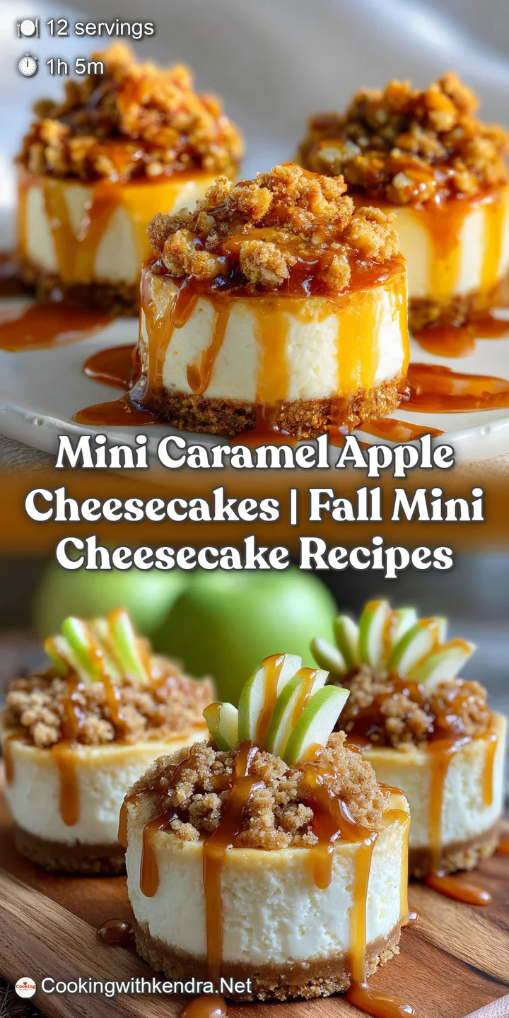 Close-up of a caramel-swirled mini cheesecake, showcasing the creamy filling and a bite of spiced apple. Rich textures and...