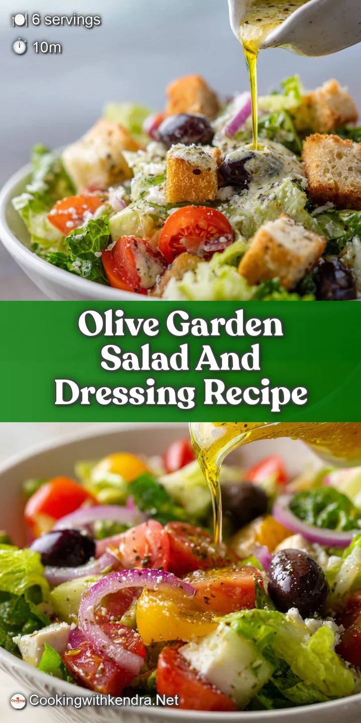 Close-up of an Olive Garden-style salad: glistening lettuce, juicy tomatoes, croutons, and a generous pour of creamy Itali...