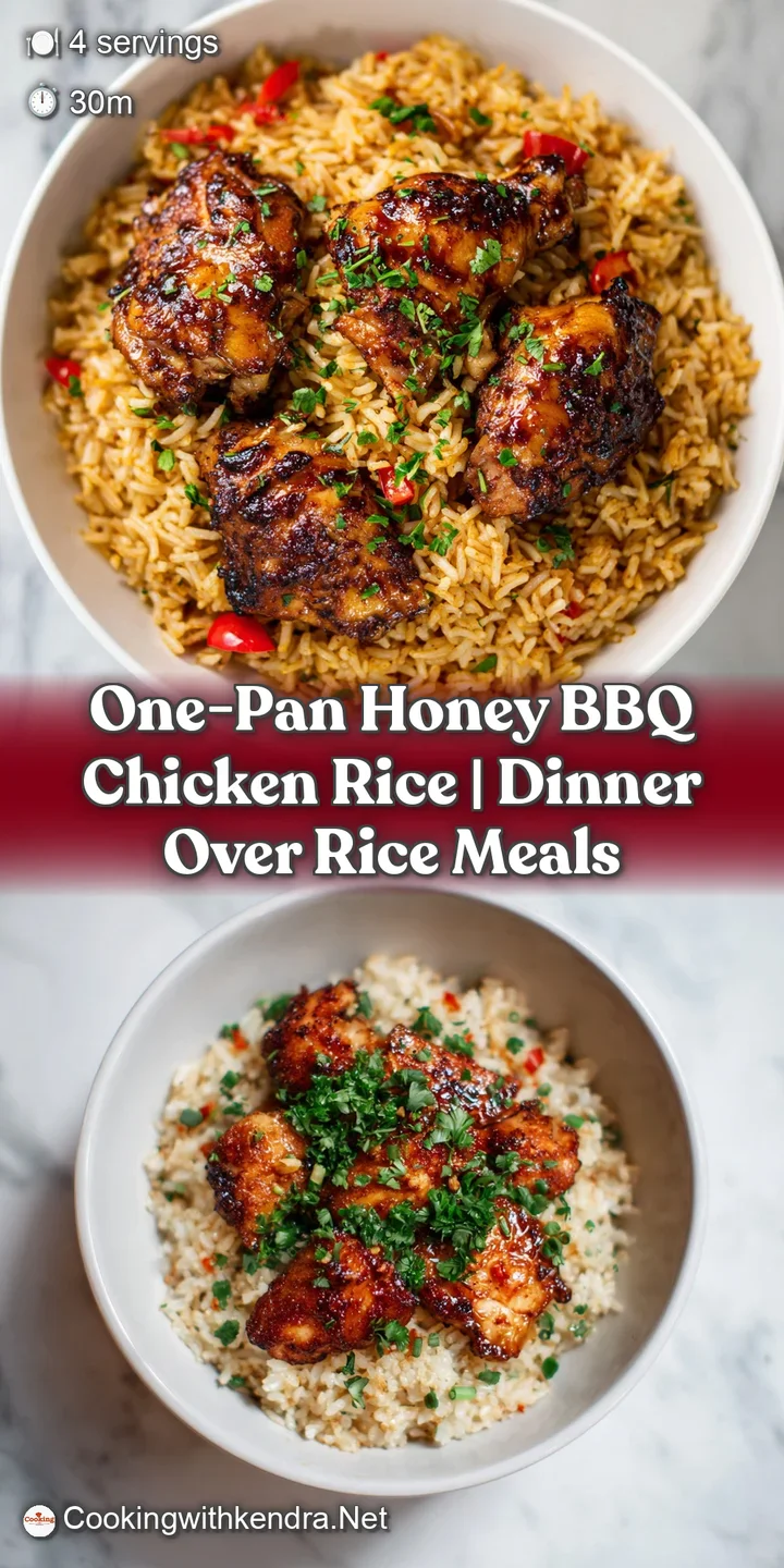 Close-up of juicy, caramelized chicken pieces coated in rich honey BBQ sauce, nestled amongst fluffy rice grains.