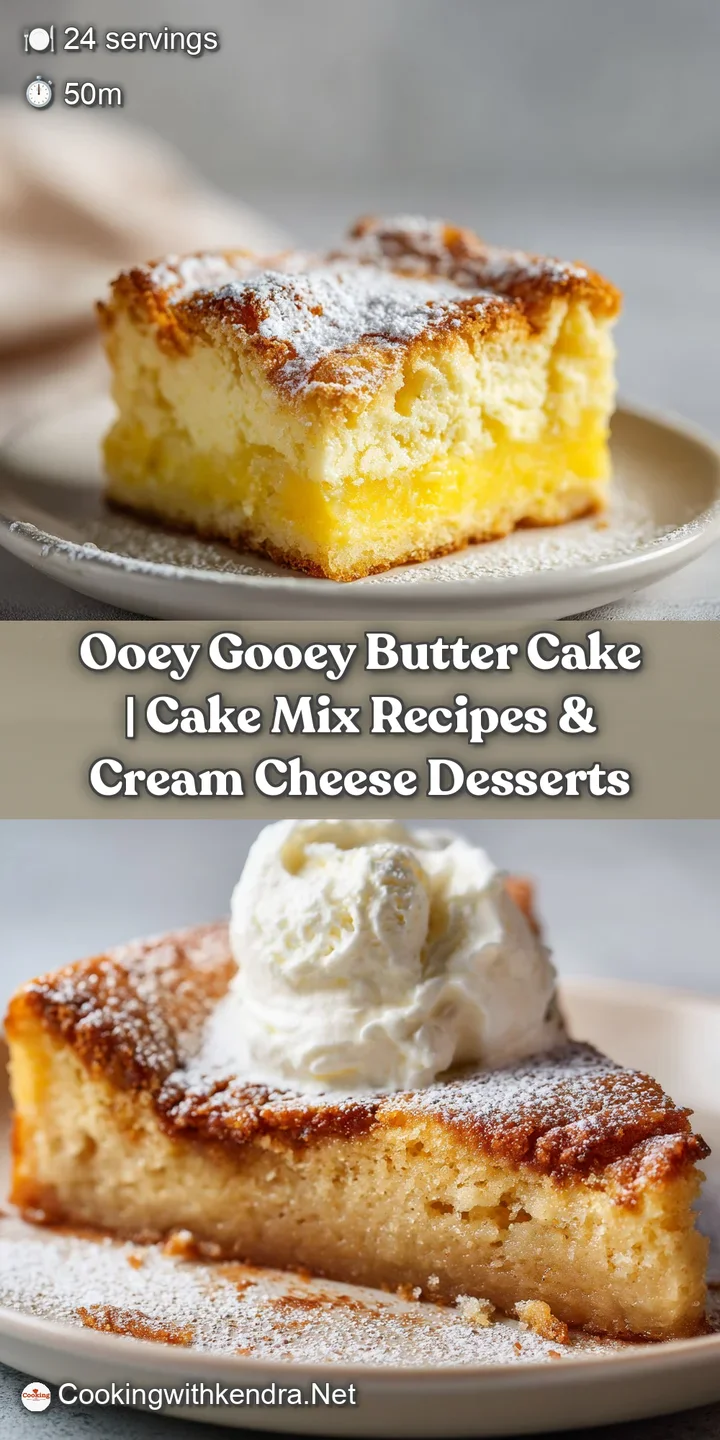 Close-up of a rich, dense ooey gooey butter cake, showcasing its moist, creamy texture with a buttery golden crust.