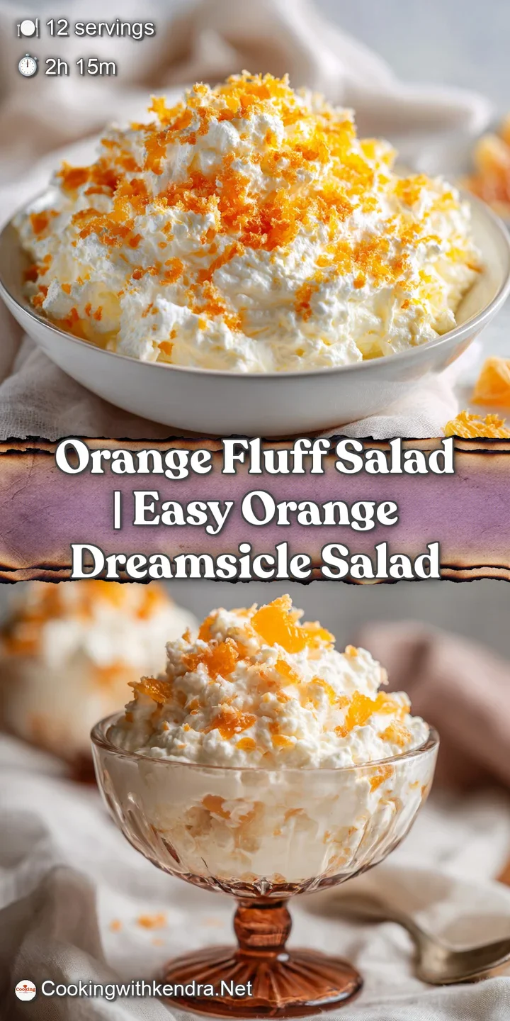 Close-up of fluffy, creamy orange salad with suspended mini marshmallows and a dusting of bright zest.