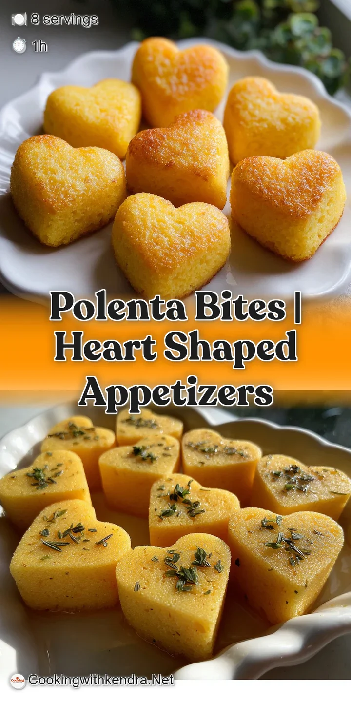 Close-up of a polenta heart; visibly crisp exterior gives way to a creamy yellow center. Herb flecks and balsamic shimmer ...