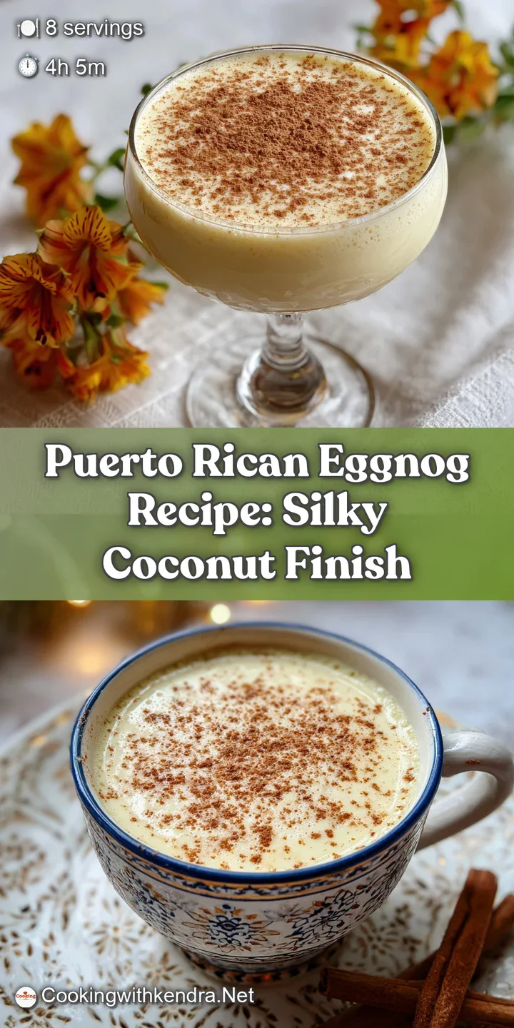 Close-up of chilled, frothy coquito showing creamy texture, cinnamon dusting, and droplets of condensation, suggesting a r...