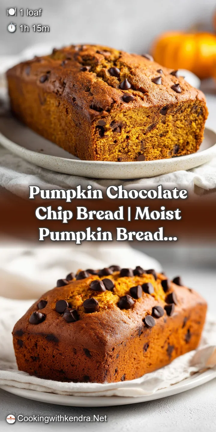 Close-up of a rich, moist pumpkin bread slice with visible dark chocolate chips and a tender crumb texture.