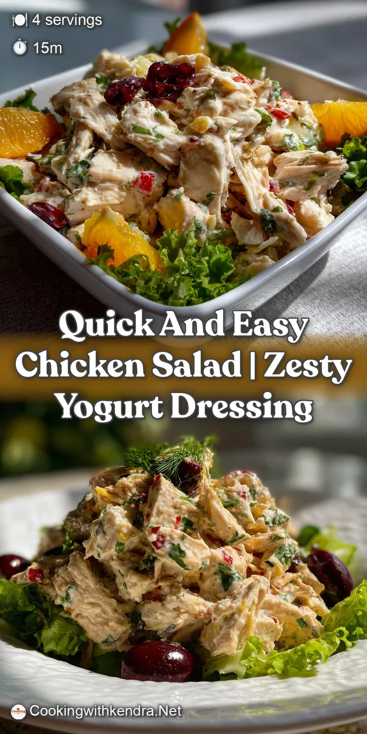 Close-up of chicken salad showing glistening, juicy chicken pieces and pops of color from celery and herbs. Creamy dressin...