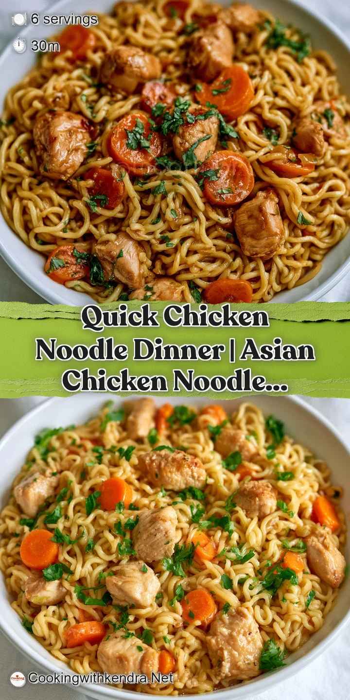 Macro shot of tender chicken chunks and soft yellow noodles glistening in a rich, clear golden-yellow broth.