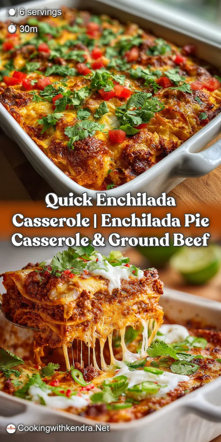 Close-up of a cheesy, bubbling enchilada casserole. Rich red sauce, melted cheese pulling apart, and tender tortillas peek...