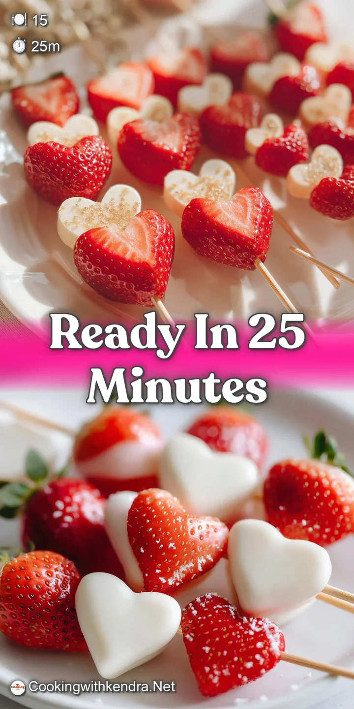 Close-up of a perfectly cut strawberry heart skewer, glistening and fresh, with a soft pink candy background.