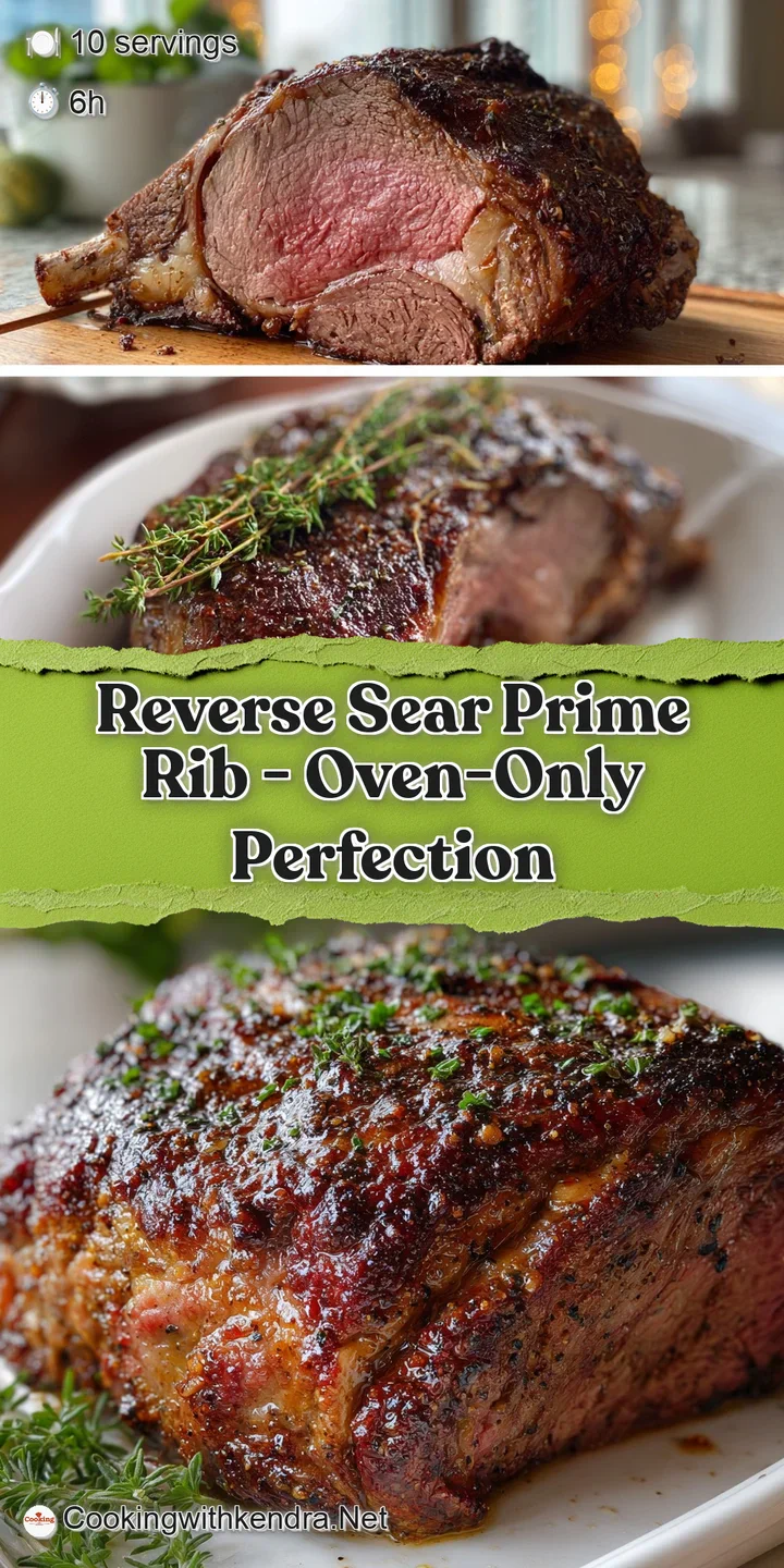 Close-up showcasing the perfectly seared crust and moist, tender pink center of a reverse-seared prime rib roast. Mouthwat...