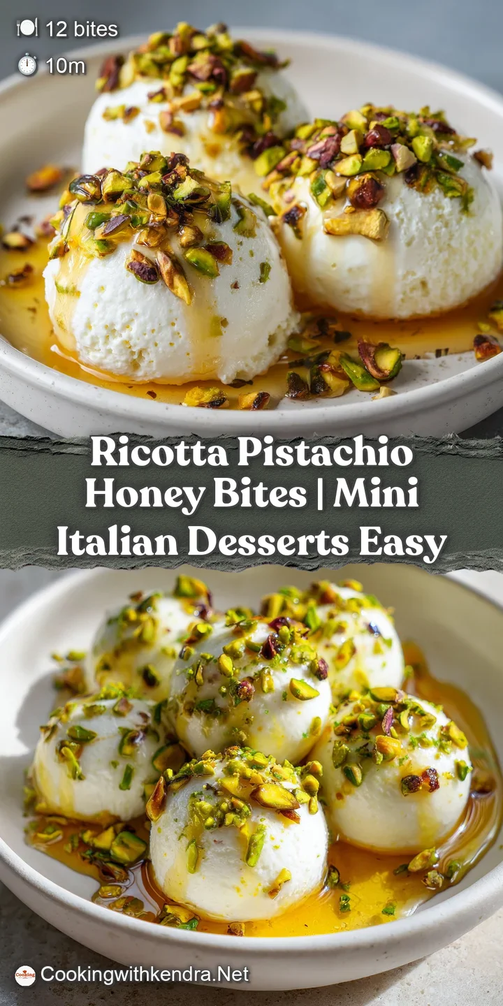 Extreme close-up of creamy white cheese topped with crunchy green pistachio bits and a sticky, translucent honey glaze.