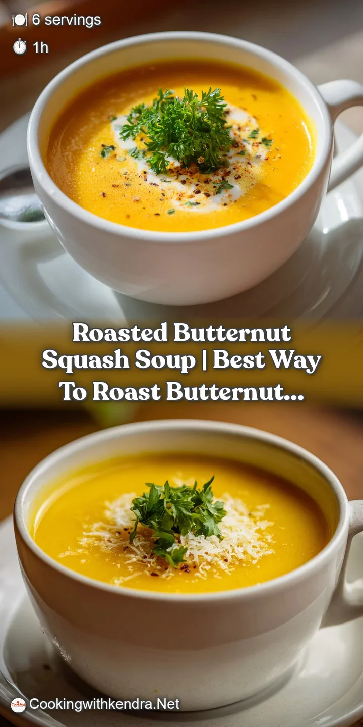 Close-up showcasing the velvety texture of roasted butternut squash soup, highlighting its rich orange hue and vibrant gar...