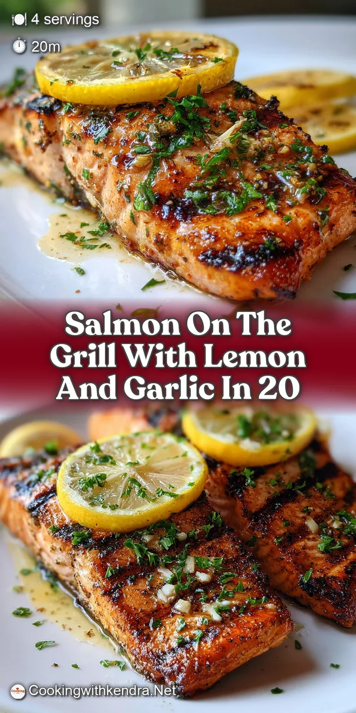 Juicy grilled salmon, glistening with a vibrant lemon-garlic sauce. Close-up shows flaky texture, hints of char and fresh ...