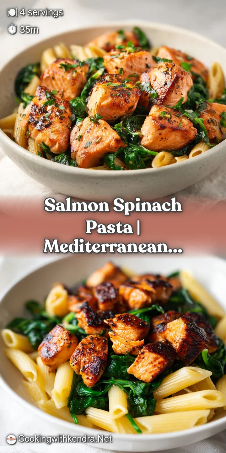 Close-up of glossy white sauce clinging to pasta strands, flaky pink salmon, and vibrant, wilted spinach leaves.