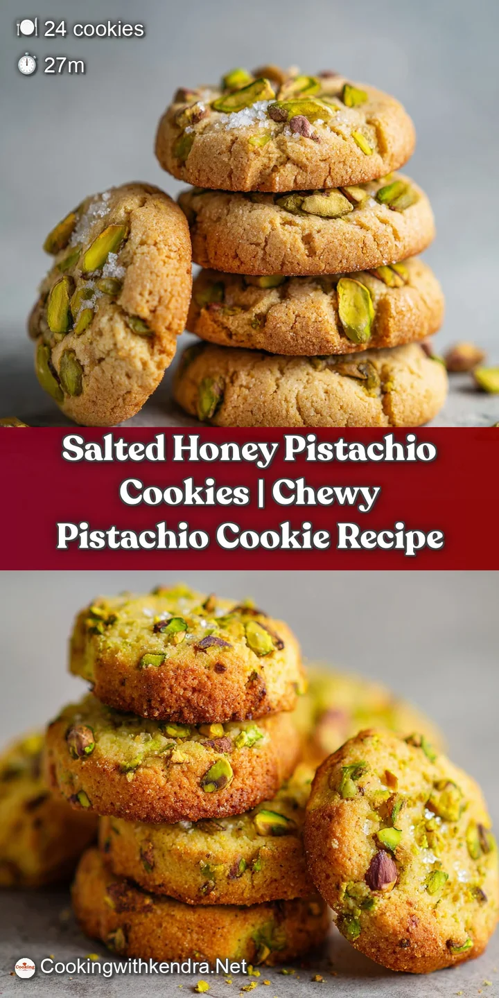 Close-up of a chewy cookie showing a glistening honey glaze, toasted pistachios, and flaky sea salt crystals.