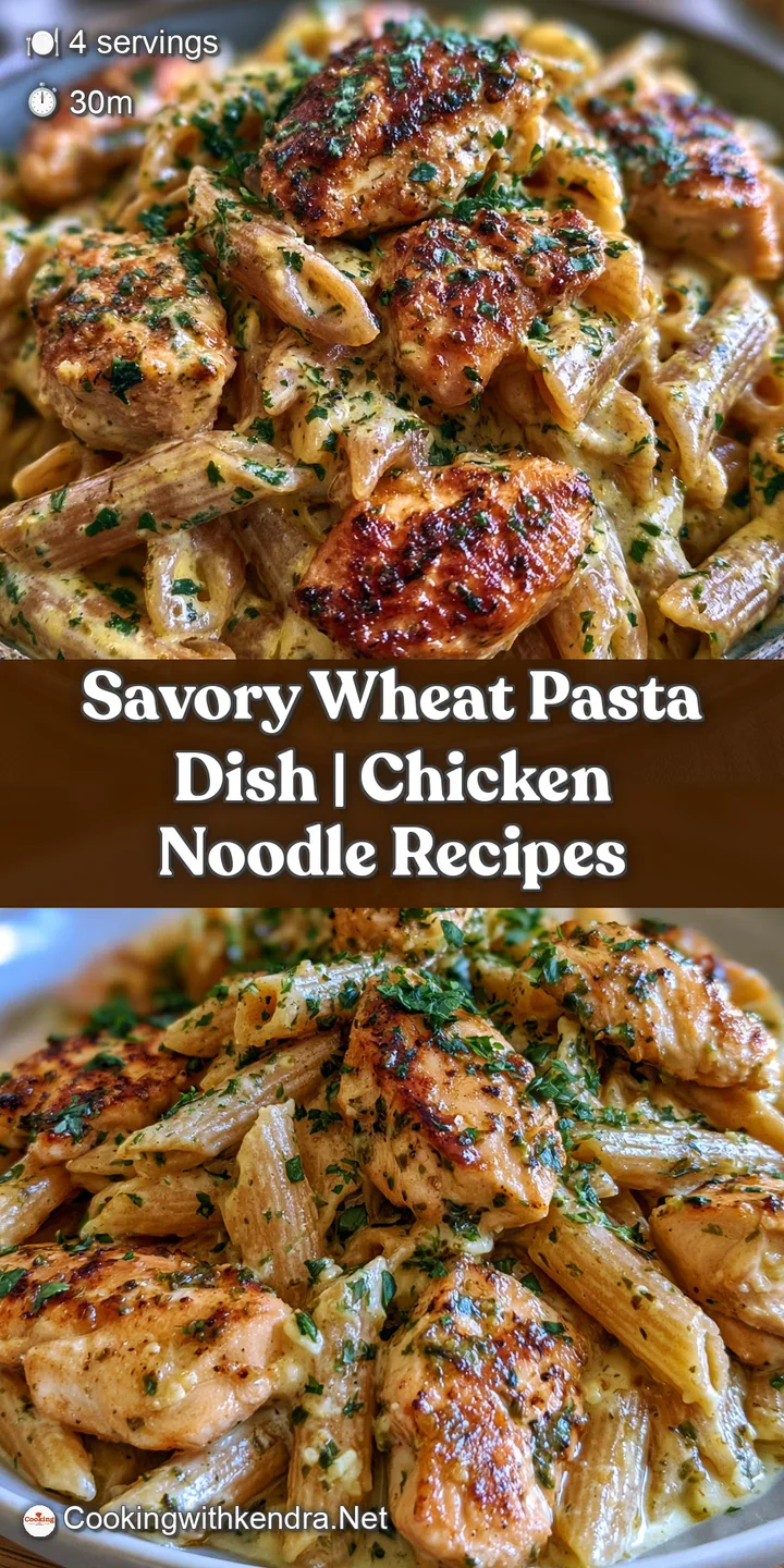 Close-up of tender, juicy chicken pieces and textured whole wheat pasta coated in a glossy, savory garlic cream sauce.