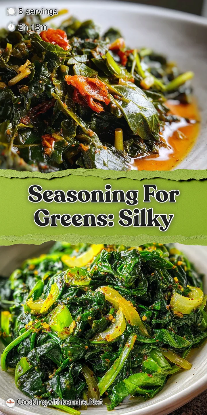 Up-close view of tender, simmered greens with visible bits of smoked meat and a shimmering, flavorful broth.