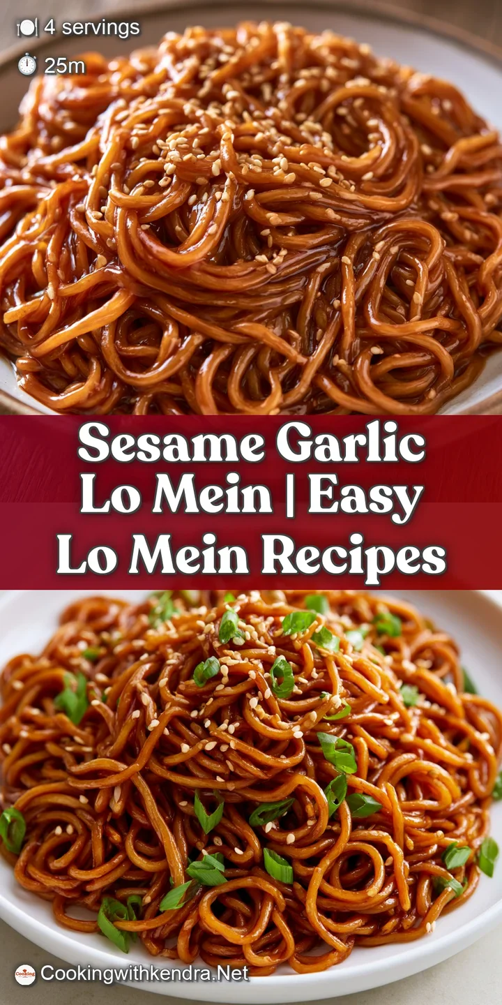 Close-up of silky, soy-glazed noodles with golden minced garlic and a sprinkle of toasted sesame seeds.