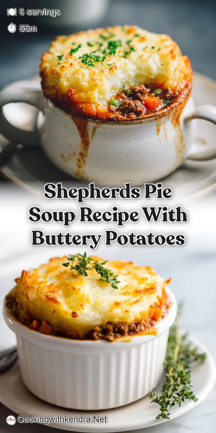 Close-up of rich, meaty soup speckled with colorful vegetables, topped with a dollop of fluffy potato.