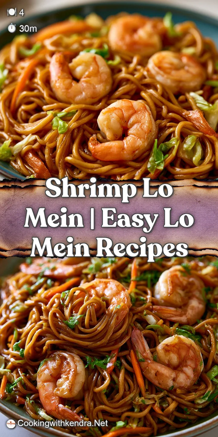 Macro shot of glistening, sauce-coated noodles and a succulent pink shrimp with vibrant bits of minced garlic.