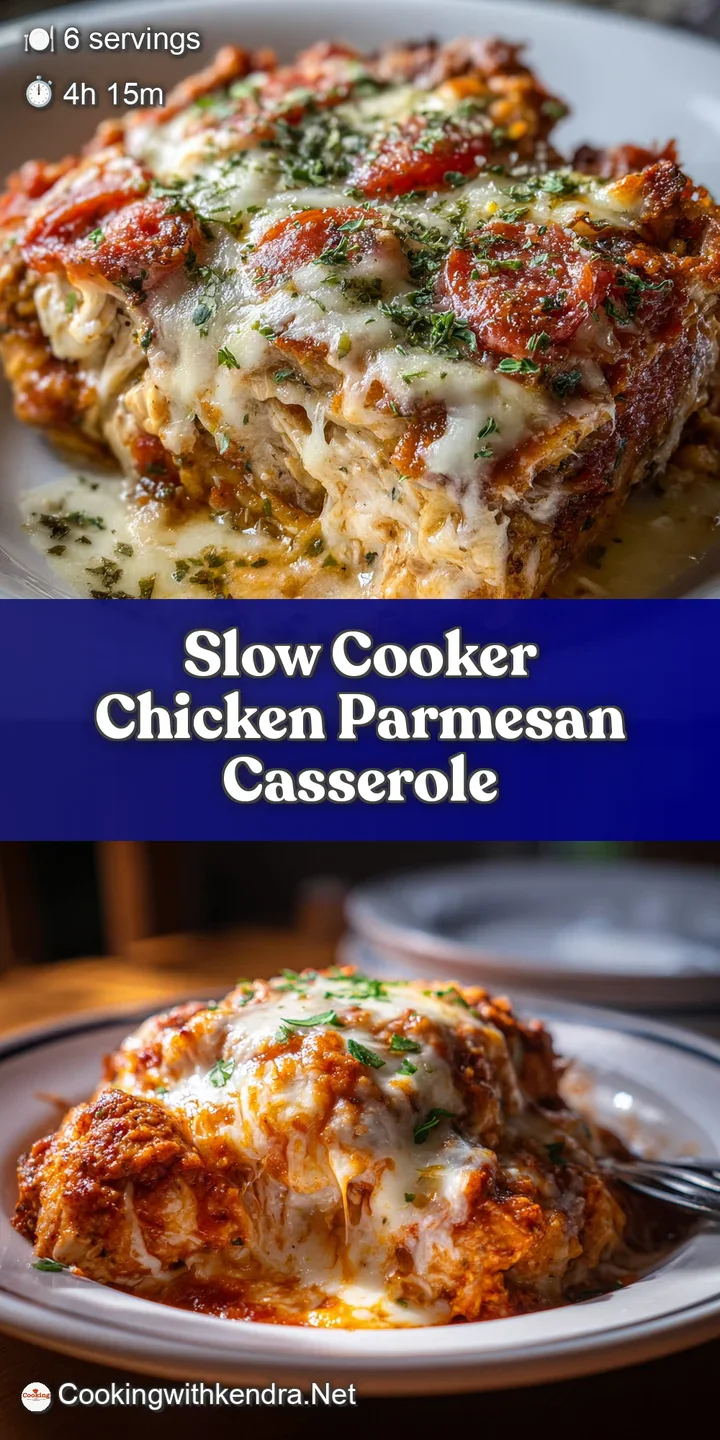 Close-up of cheesy, saucy chicken parmesan casserole, bubbling hot with bits of golden-brown crust.